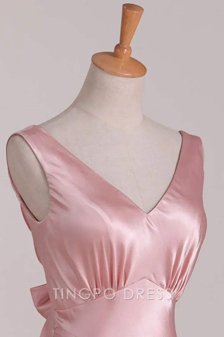 TingPo Wholesale Vintage Mermaid V Neckline Pink Satin Long Prom Dresses Party Evening Dress
